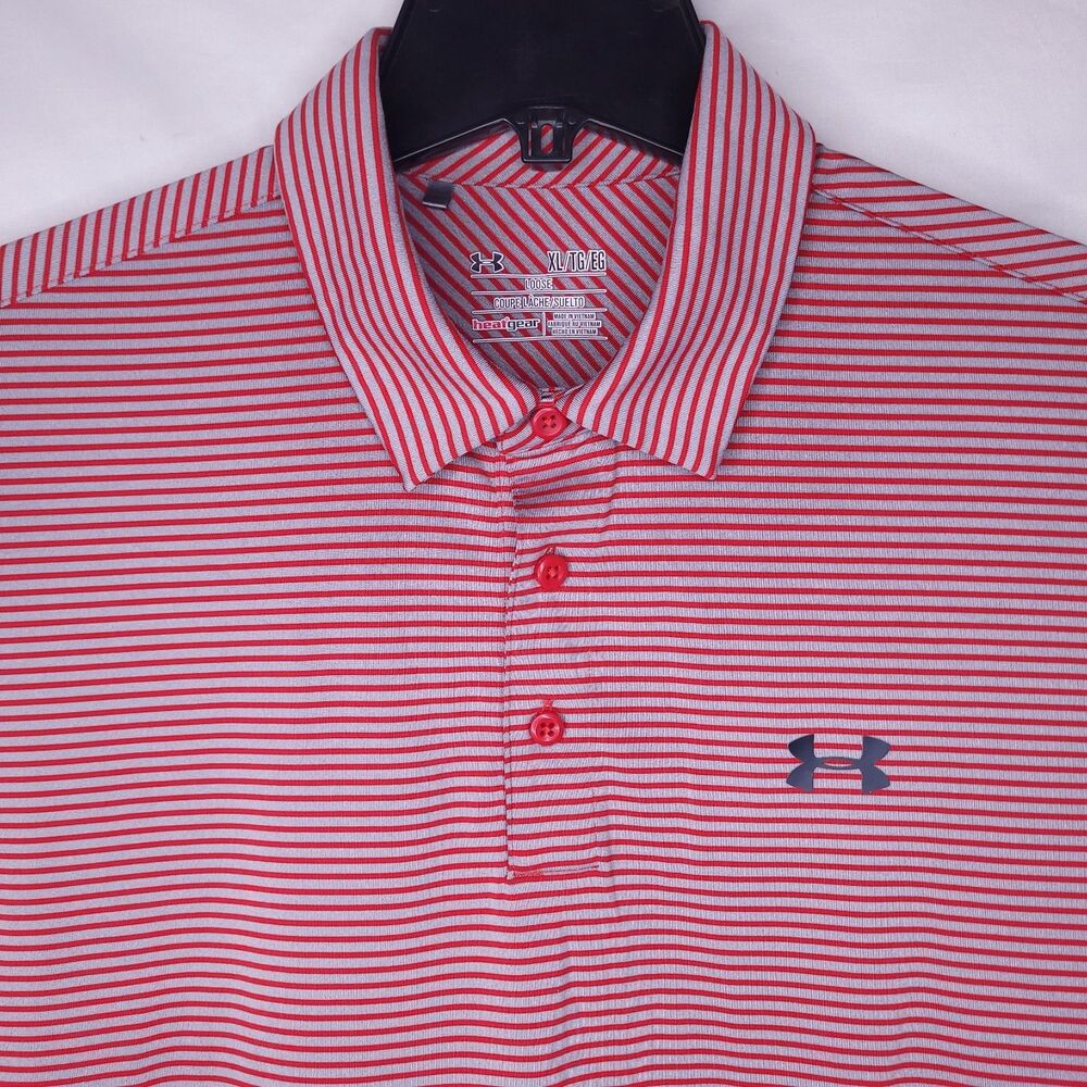 Under Armour Polo Shirt Mens XL Striped Red, Gray HeatGear Short Sleeve